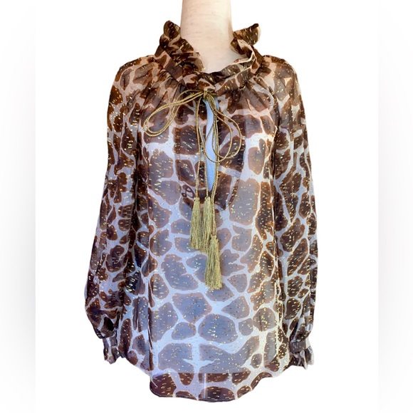 DUNDAS SILK $1690 GIRAFFE ANIMAL PRINT METALLIC TASSEL BLOUSE TOP NEW TAGS ITALY - Picture 2 of 10